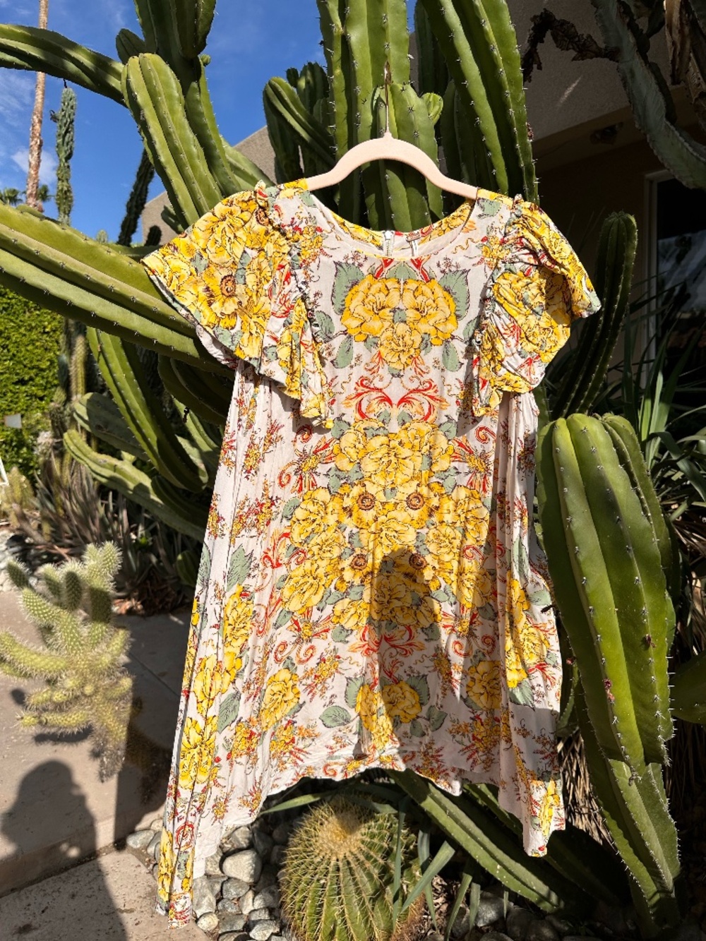 Free People Floral Ruffle Flutter Sleeve Back Zip Tunic Mini Dress Yellow XS